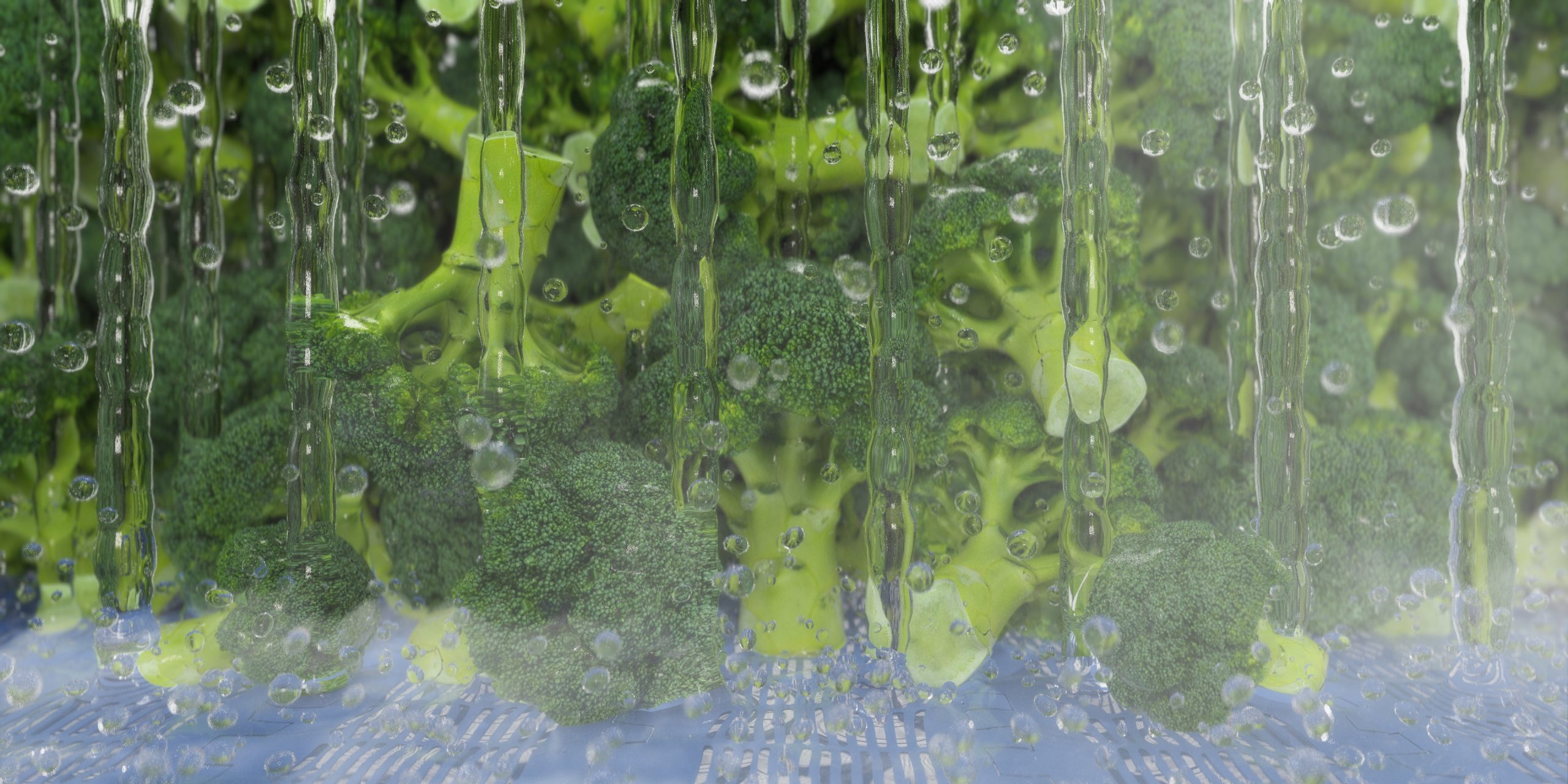 close-up of broccoli lying on a blue bed being chilled with running water