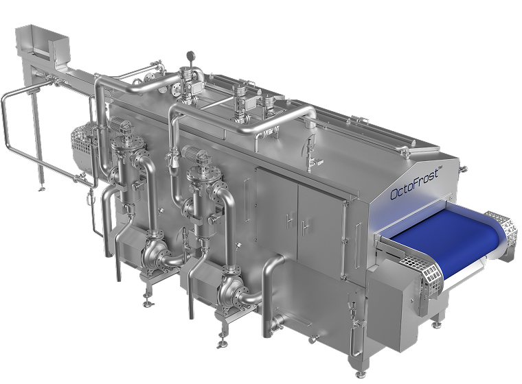High-resolution rendering of the OctoFrost shrimp cooker machine. The stainless steel industrial unit features multiple insulated compartments, integrated piping, control valves, and a blue conveyor belt for continuous cooking. The OctoFrost logo is visibly marked on the machine’s front panel.