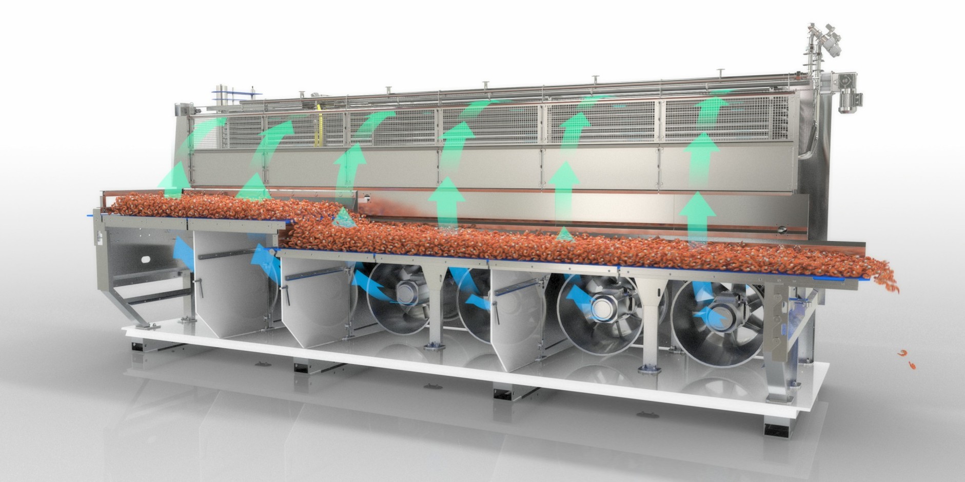 an open design of octofrost freezer showing shrimps, fans and coil