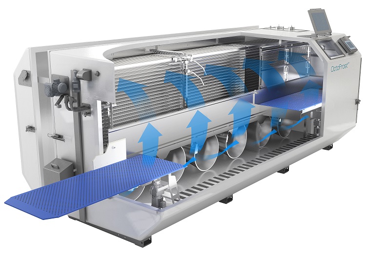Cutaway view of the OctoFrost IQF freezer highlighting its internal airflow system. Blue arrows indicate the even, upward flow of cold air circulating around the product zone for efficient and uniform freezing. The machine features a modular, stainless steel design with a control panel and perforated conveyor belt sections.