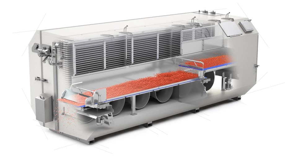 Cutaway rendering of the OctoFrost IQF freezer in operation, showing diced strawberries—moving through the freezing zone on a blue perforated conveyor belt. The internal fans and airflow system are visible, demonstrating uniform product separation and efficient individual quick freezing. The exterior features a hygienic stainless steel design with an integrated control panel.
