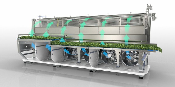 Rendered image of an OctoFrost IQF Freezer vegetables. Green produce is shown along a belt while arrows illustrate the upward airflow from large fans beneath the belt, ensuring even cooling. The stainless steel structure highlights hygiene and easy cleaning