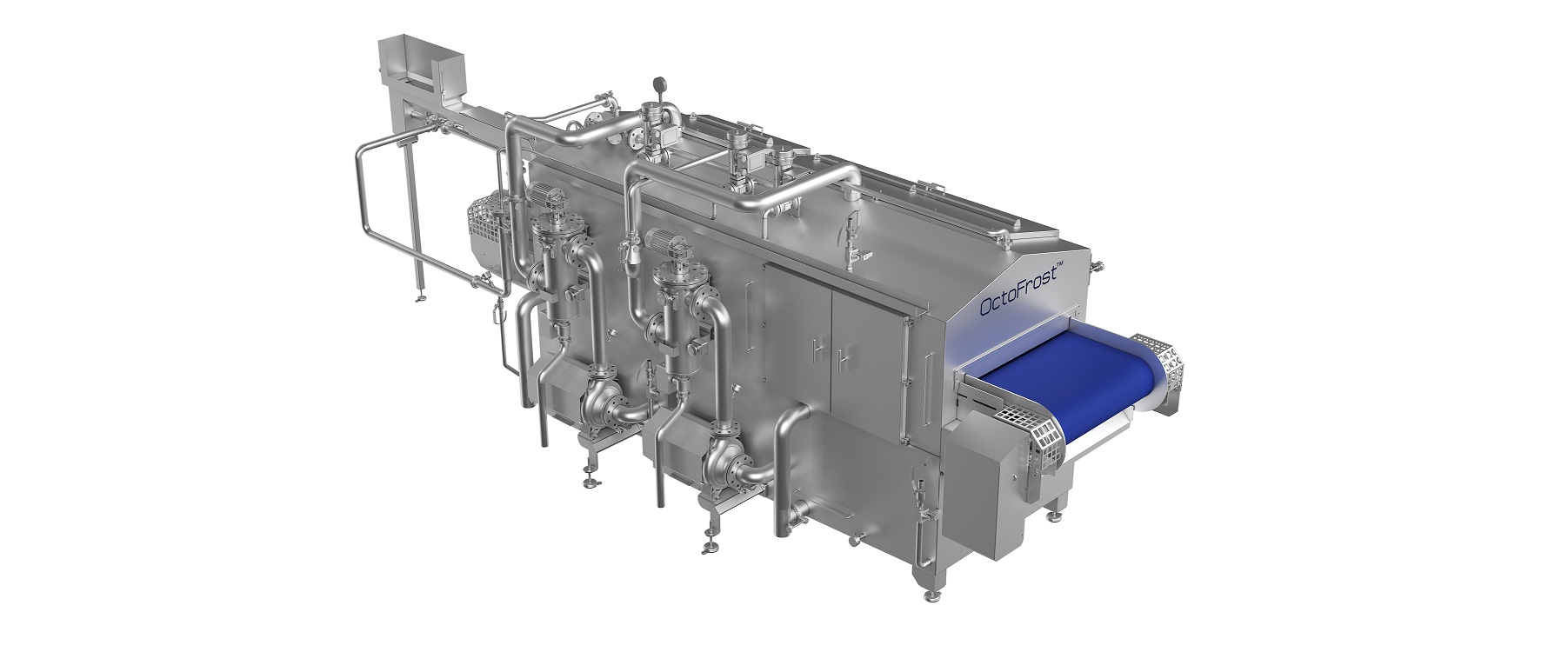 High-resolution rendering of the OctoFrost shrimp cooker machine. The stainless steel industrial unit features multiple insulated compartments, integrated piping, control valves, and a blue conveyor belt for continuous cooking. The OctoFrost logo is visibly marked on the machine’s front panel.